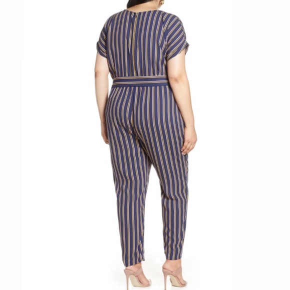 Halogen Navy Blue Yellow Striped Short Sleeve Slim Leg Jumpsuit Nordstrom - Picture 4 of 9